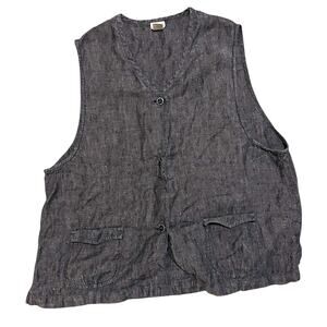 J. Jill Linen Sleeveless Button Vest Top Womens Large Gray Black Lagenlook Poet